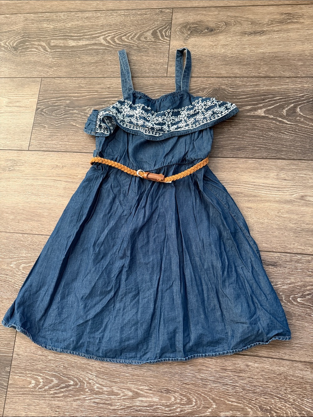 Justice Navy Blue Embroidered Ruffle Sundress with Tan Braided Belt